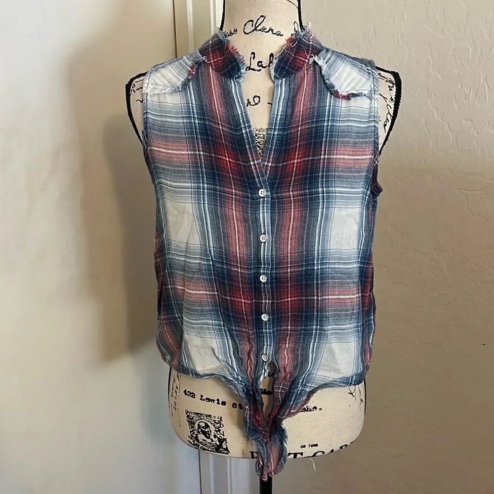 Cloth & Stone Plaid Button Tie Sleeveless Top